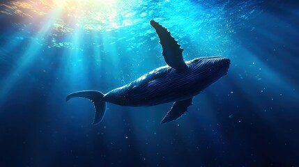 Fototapeta premium Majestic underwater scene featuring a whale swimming gracefully through sunlit ocean depths.