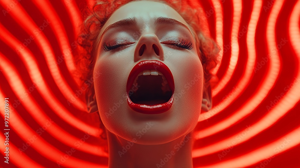 Sticker Closeup portrait of a woman with red lips open against a red striped background.