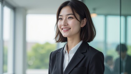 Fototapeta premium Professional woman smiling in a modern office setting, showcasing confidence and approachability in a business environment.