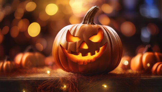 jack pumpkin side view on table with glowing eyes , halloween concept