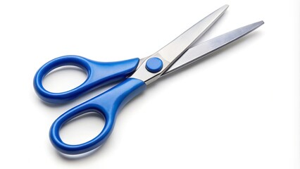 Fototapeta premium Blue scissors isolated on white background, high angle view