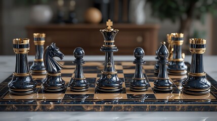 Elegant black and gold chess set on a marble board. The pieces are arranged in a starting position.