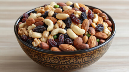 A bowl filled with a variety of nuts and dried fruits.  It has cashews, walnuts, almonds, peanuts, raisins, black beans, and peas.