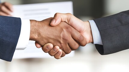 Two professionals shake hands in a business agreement, symbolizing partnership and collaboration in the corporate world.