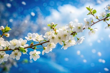 Blue sky with blooming white flowers on branch against snowy background long shot