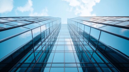 Looking up at the glass facade of a skyscraper.