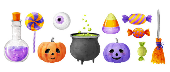 Fototapeta premium Cute vector watercolor illustration of cauldron, potion, corn, eye, pumpkin, lollipop, broom , candy. Set of witch elements for Halloween design.