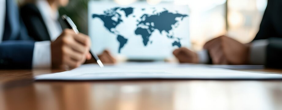 Business professionals collaborate on a global project, analyzing a world map in a modern office setting.