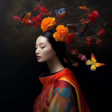 Illustration of a woman and abstract art, AI Generated
