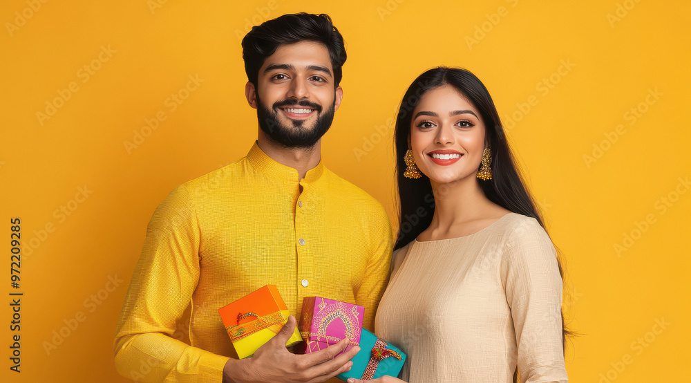 Canvas Prints Indian couple holding gift box in hand on Diwali festival