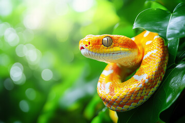 Fototapeta premium Photograph of an orange and white snake emerging from a leaf in the forest