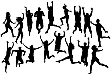 Black silhouettes of women and men jumping.eps