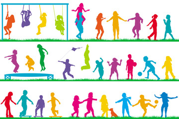Fototapeta premium Colored silhouettes of kids playing outdoor.eps