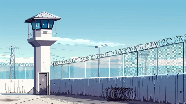 Prison watchtower protected by wire of prison fence. White prison wall and guard tower with coiled barbed wire. Criminal justice imprisonment concept