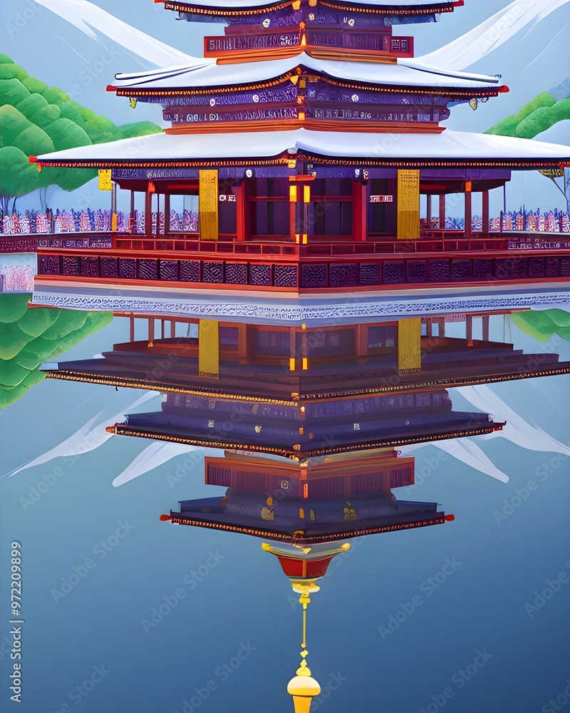 Poster a painting of a building with a reflection of a building in the water.