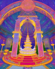 Colorful Buddhist temple in the style of stained glass. Vector illustration