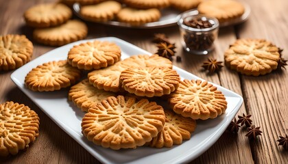 Delicious crispy biscuits serving on a white plate on wooden background. Tasty black cumin biscuits.
