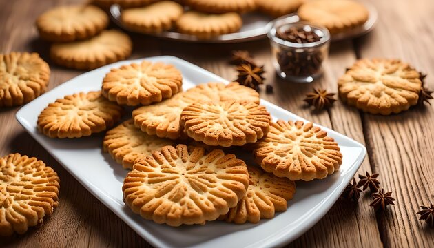 Delicious crispy biscuits serving on a white plate on wooden background. Tasty black cumin biscuits.

