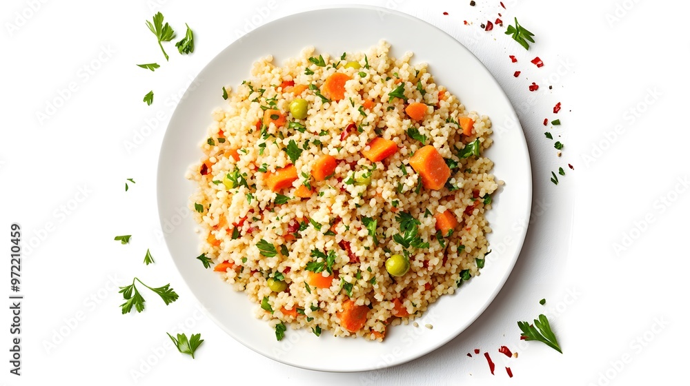 Wall mural Delicious couscous salad with vegetables and fresh herbs on a white plate