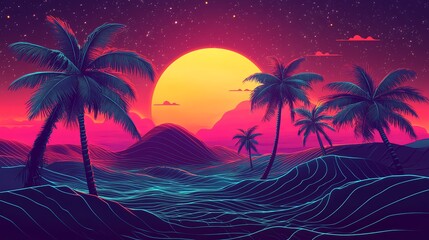 A digital art illustration of a vibrant tropical sunset with palm trees and neon-colored lines.