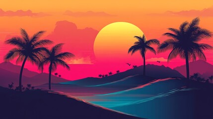 Obraz premium A digital painting of a sunset over a tropical beach with palm trees and a large sun in the sky.