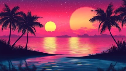 Obraz premium Tropical beach sunset with palm trees, pink and purple sky and two suns.