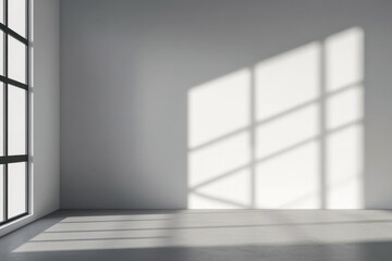 Fototapeta premium Minimalist living room corner in neutral tones with no furniture and a large window filling the room with natural lighting. Residential interiors with copyspace.
