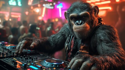 chimpanzee operating DJ equipment in nightclub filled with neon lights, copy space