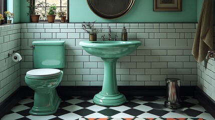A vintage bathroom with a mint green toilet and pedestal sink, white subway tiles, and a black and white diamond patterned floor.