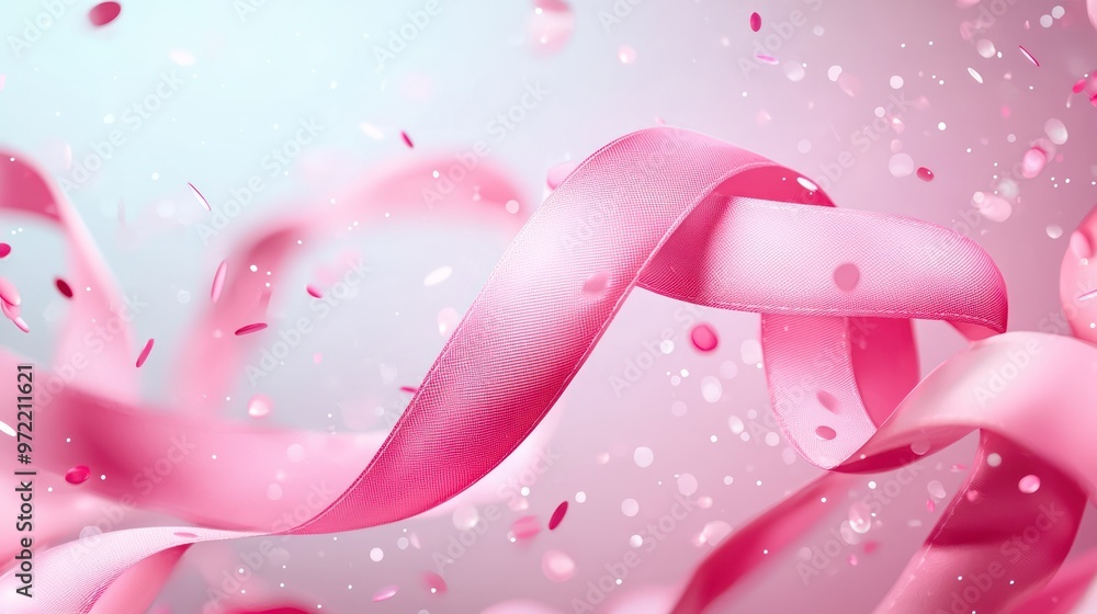 Poster ethereal pink ribbon illuminated by fireflies on soft background with copy space, generative ai