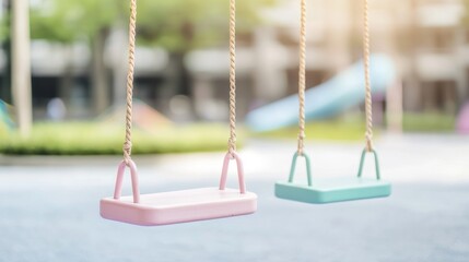 Candy-colored playground with soft pastel swings and slides, vibrant childhood memories, fun and playful outdoor scene.