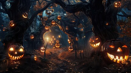 Spooky forest where the trees have faces and jack o lanterns pumpkin grow from the ground, halloween surreal concept