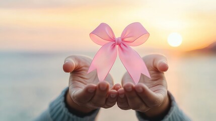 Empowering Breast Cancer Awareness - Woman Holding Pink Ribbon at Sunrise with Copy Space, Generative Ai