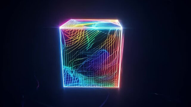 A rotating wireframe cube displays vibrant, swirling rainbow colors against a dark background. The holographic effect and smooth camera movement emphasize the cube's dynamic and futuristic appearance.