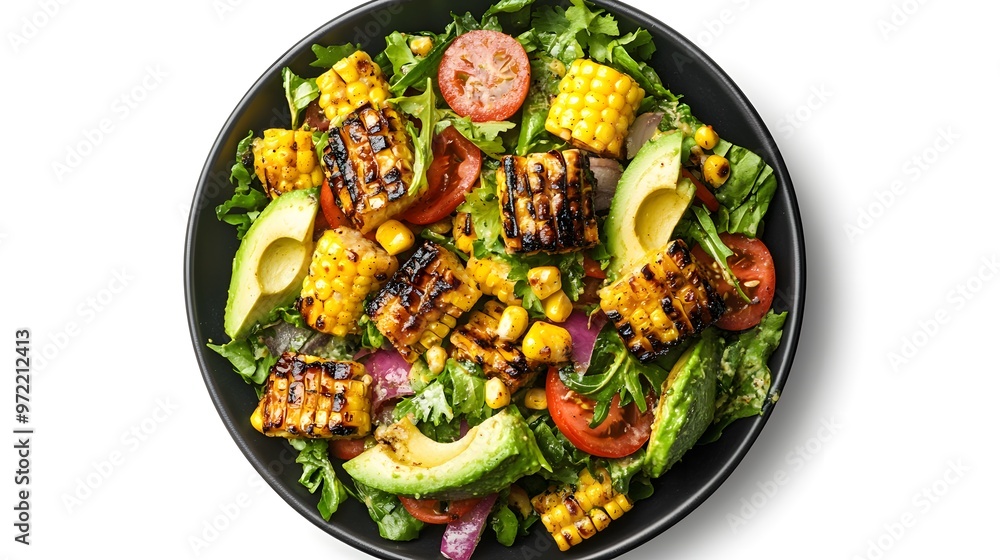 Wall mural Grilled corn and avocado salad with fresh vegetables on black plate