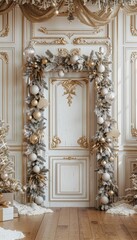 Elegant holiday decor  a festive wood door adorned with white and gold garland in a serene room