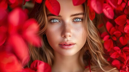 Naklejka premium Portrait of a woman with blue eyes and freckles framed by vibrant red flowers.