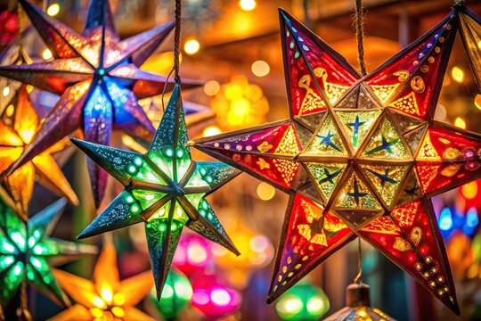 Bokeh shot of a bright and colorful Christmas lantern parol star shapes Low Angle