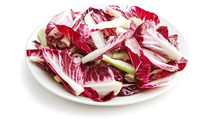Fresh radicchio salad on white plate - vibrant red leaves and crisp texture