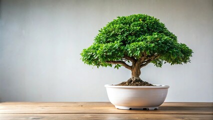 Bonsai tree with green leaves in a white pot shot with a wide-angle lens