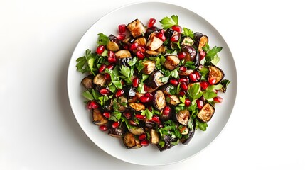 Roasted eggplant salad with pomegranate and fresh parsley on white plate