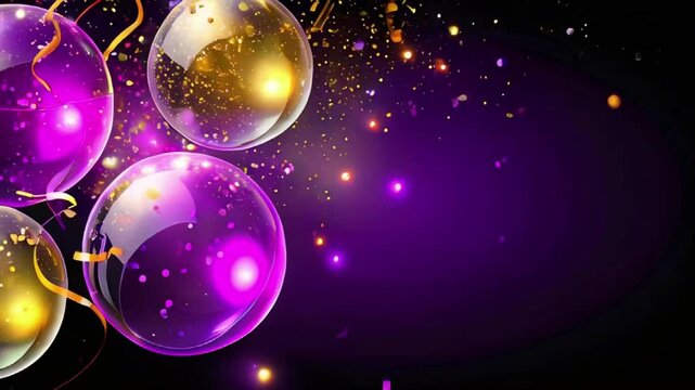 Beautiful transparent shiny soap bubbles with confetti on Festive background, free space for text, slow mooving video.	