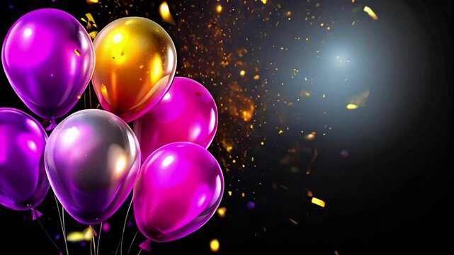 Beautiful transparent shiny soap bubbles with confetti on Festive background, free space for text, slow mooving video.	
