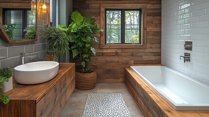 Modern bathroom with rustic wood walls, a freestanding tub, and a large potted plant.
