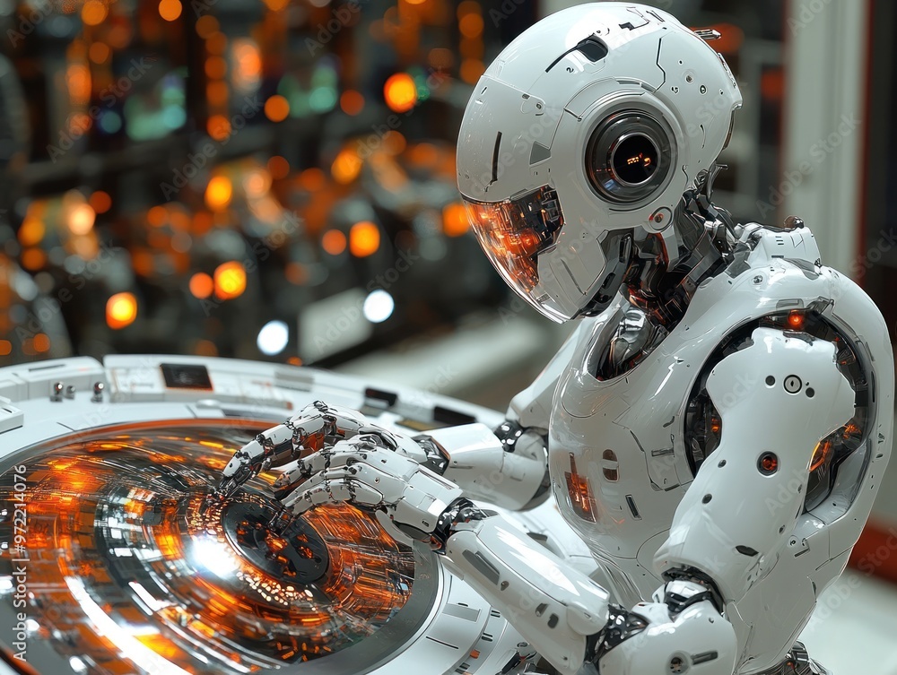 Poster a futuristic robot interacting with a glowing control panel.