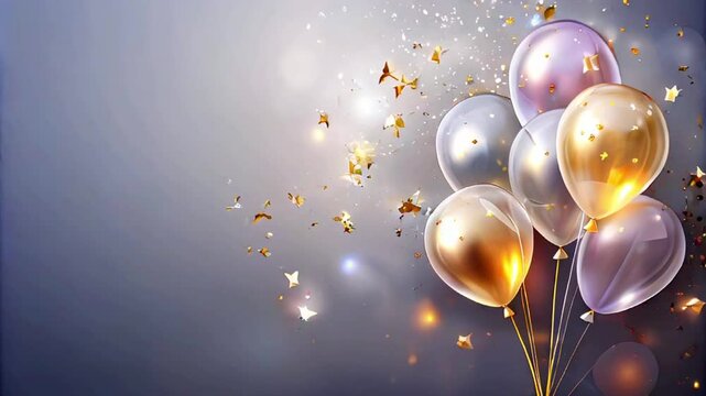 Festive colorful transparent balloons with glitter confetti on clean background,Party or birthday background, free space for text	