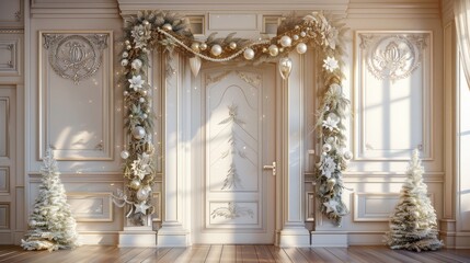 Exquisitely decorated wooden door with elegant white and gold garland, tinsel, and ornaments