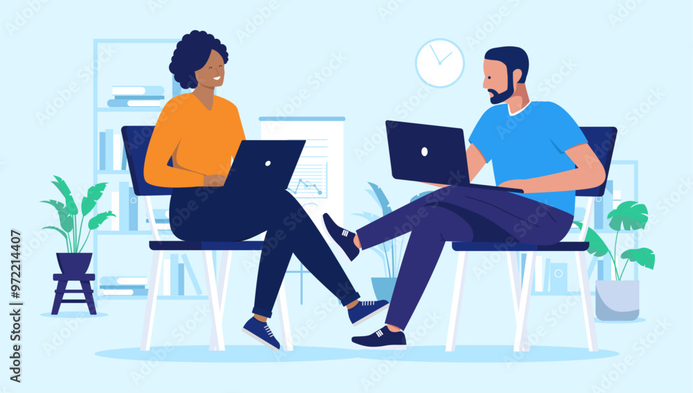 Poster Two people sitting with laptops - People in office sitting in char working on computers together in office. Flat design vector illustration