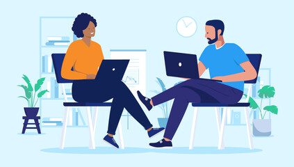 Two people sitting with laptops - People in office sitting in char working on computers together in office. Flat design vector illustration