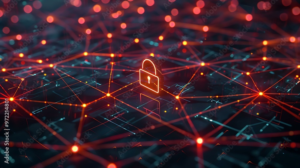 Poster A 3D-rendered lock icon centered on a network of interconnected nodes representing secure digital data transfer